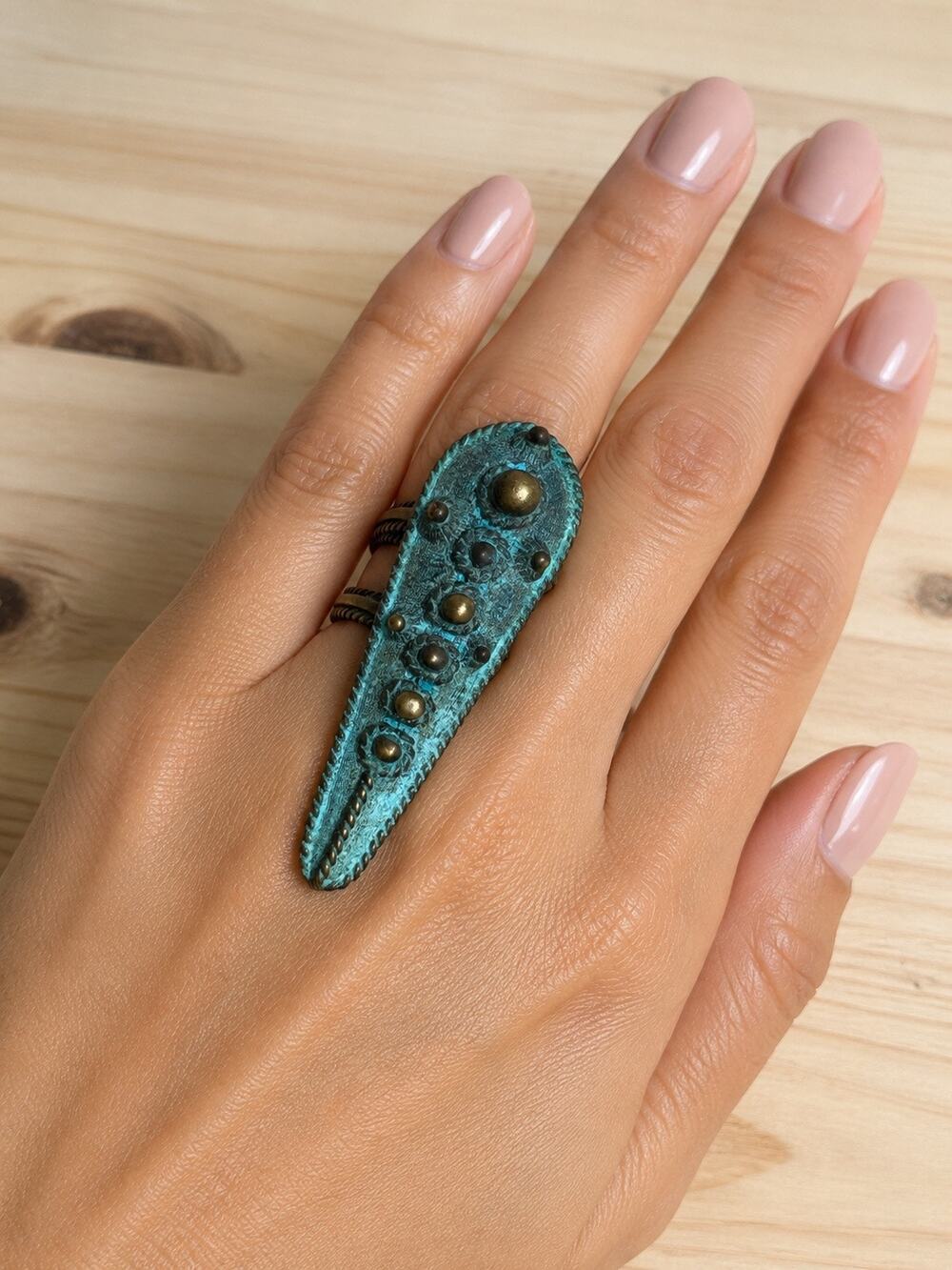 Vanessa Mooney Statement Ring Turquoise Verdigris Brass Studded Boho 2” Long